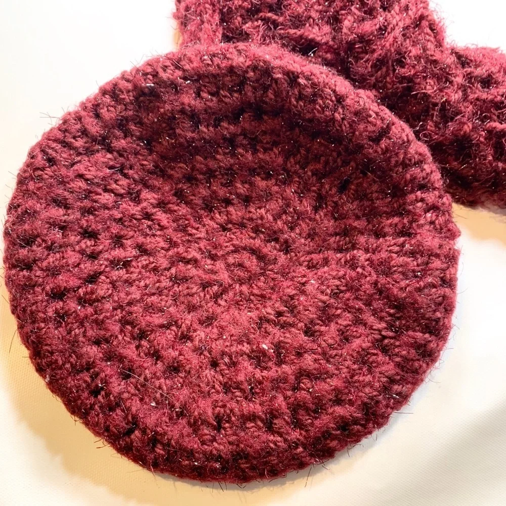 Burgundy 2 Piece Scarf Beanie French Beret Knit With Silver Shimmer Matching Set